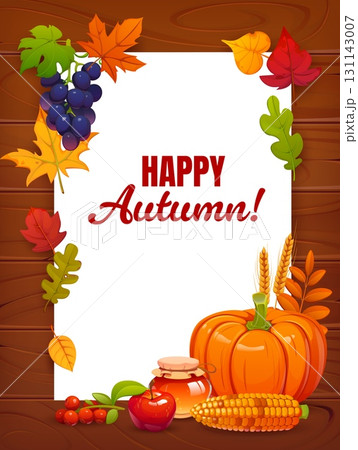 Autumn Thanksgiving holiday vector banner with pumpkin and honey, fruits, corn, grapes and fall season leaves on wooden background. Paper sign board with Thanksgiving autumn holiday food and leaves 131143007
