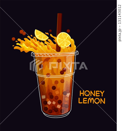Honey lemon milk bubble tea beverage cup. Takeaway restaurant bubble tea sweet cocktail cartoon vector splash, takeout cafe summer milkshake beverage. Fast food smoothie with lemon, honey and straw 131143012
