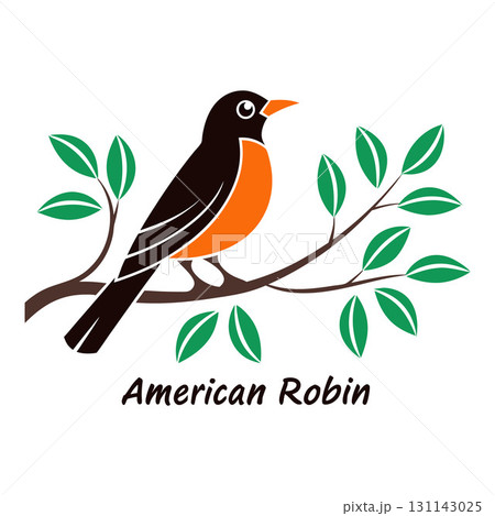 American Robin Perched on a Branch with Green Leaves Illustration Design 131143025