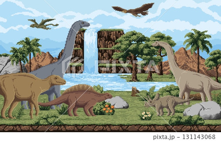 Prehistoric dinosaurs 8bit pixel art game landscape. Paleontology animal nature pixelated vector landscape, Jurassic era environment or nature 8 bit scene with dinosaurs character, waterfall in jungle 131143068