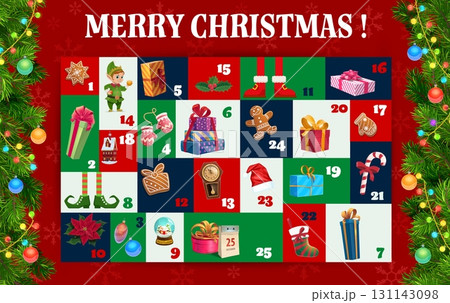 Christmas advent calendar with cartoon Xmas gifts, Santa hat and elf, gingerbread cookie, candy and holiday stocking. Vector Christmas winter holidays advent calendar countdown with Xmas tree decor Christmas advent calendar with cartoon Xmas gifts, Santa hat and elf, gingerbread cookie, candy and holiday stocking. Vector Christmas winter holidays advent calendar countdown with Xmas tree decor 131143098