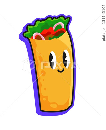 Fast food burrito kawaii character retro Y2K sticker or label. Takeaway cafe funky vector sticker, fast food menu patch. Takeout restaurant Y2K label with Mexican burrito or shawarma cute personage 131143102