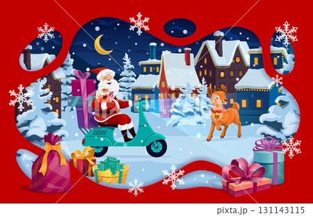 Christmas paper cut greeting card with Santa on scooter in Xmas winter holiday town. Vector 3d paper cut card with cartoon Santa Claus character delivering Christmas gift boxes to kids with cute deer 131143115