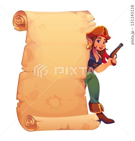 Kid girl pirate with gun and scroll parchment. Cartoon vector corsair, ship crew character standing beside an old paper that forms a blank frame for adventure game options window or treasure hunt quiz 131143116