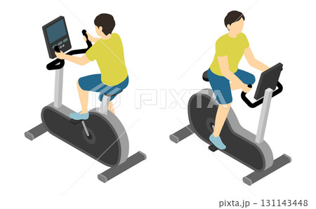 アイソメトリックイラスト：エアロバイクに乗る男性 131143448