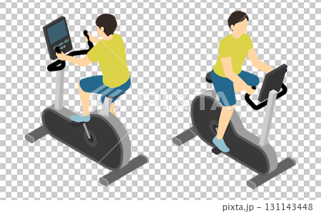 アイソメトリックイラスト：エアロバイクに乗る男性 131143448