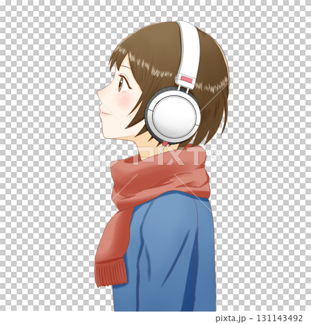 Anime-style girl with headphones and a red scarf on a transparent background 131143492
