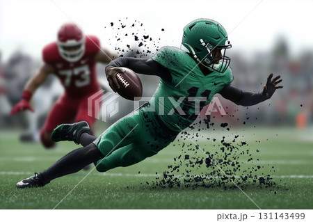 Dynamic sports photo of a professional football player on the field running away from an opponent 131143499