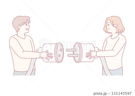 Man and woman connect electric plug in pocket Man and woman connect electric plug in pocket 131143597