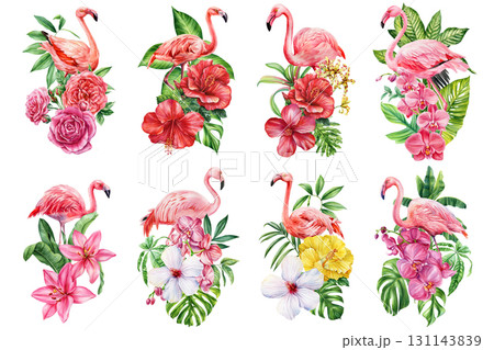 Tropical flamingo set with hibiscus orchids roses lilies and exotic green leaves watercolor exotic bird floral illustration 131143839