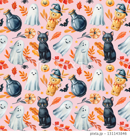 Black cat ghost teddy bear pumpkin and potion bottle watercolor seamless pattern with autumn leaves for design Black cat ghost teddy bear pumpkin and potion bottle watercolor seamless pattern with autumn leaves for design 131143846