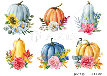 Autumn pumpkins set with roses sunflowers lilies dahlias and seasonal leaves watercolor fall harvest floral botanical illustration 131143849
