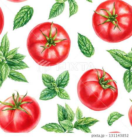 Red ripe tomatoes and fresh mint leaves watercolor seamless pattern healthy organic vegetable food background Red ripe tomatoes and fresh mint leaves watercolor seamless pattern healthy organic vegetable food background 131143852