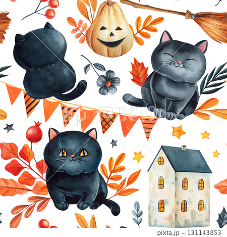 Black cats pumpkin lantern garland house and autumn leaves festive watercolor seamless pattern background Black cats pumpkin lantern garland house and autumn leaves festive watercolor seamless pattern background 131143853
