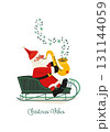 Christmas Vibes hand drawn cute vector icon. Funny Santa in sleigh play Christmas melody on sax cartoon design element illustration. Winter holidays season jazz live music concert event background 131144059