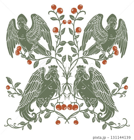 Vector Slavic Mythology Alkonost Bird-Women with Berries, Vintage Folk Art Design for Textile, Cushion, and Home Decor 131144139