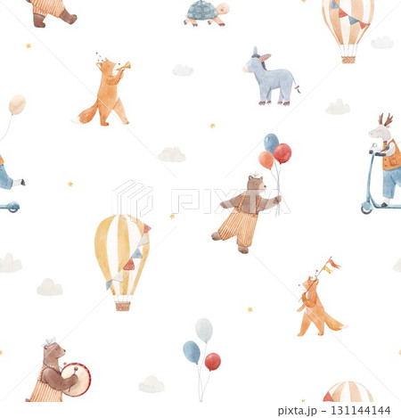 Seamless watercolor kids pattern with animals, balloons and hot air balloons. Cute hand painted nursery design for fabric, wallpaper and wrapping paper 131144144