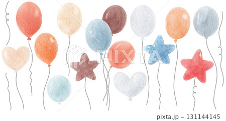 Watercolor balloons set in pastel colors, round, star and heart shapes. Cute hand painted clipart for kids, party decor, posters and invitations 131144145