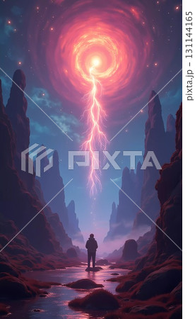 A mesmerizing canyon glows with psychedelic colors as an individual steps through shallow water, surrounded by vibrant rock formations and a large luminescent sun in the distance. Generative AI 131144165