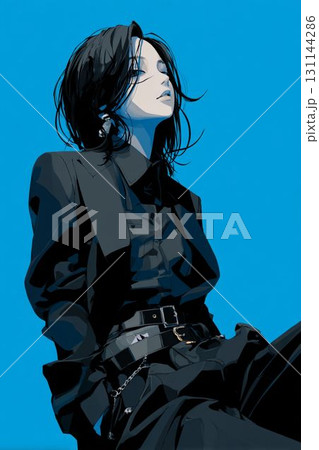 黒服の女性キャラクター 青い背景 ポートレートイラスト 131144286