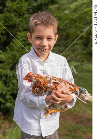 The boy tamed the chicken. Childhood in the village. Summer holidays in the country The boy tamed the chicken. Childhood in the village. Summer holidays in the country 131144345