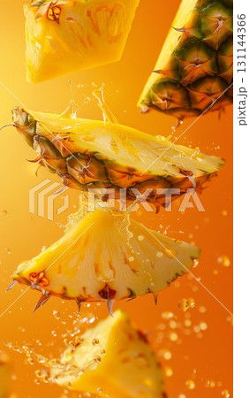 Pineapple slices suspended in mid-air against a bright orange background evoke a sense of freshness and tropical delight 131144366