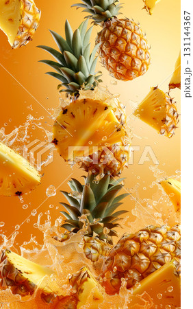 Fresh pineapple slices soar through the air alongside a bright orange, creating a lively and fruity atmosphere full of energy 131144367