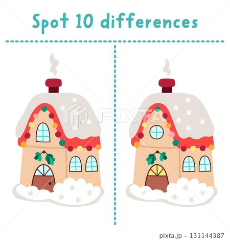 Christmas find differences game for children. Winter holiday educational activity with Santa Claus house. Cute puzzle for kids with funny New Year home. Printable worksheet, page Christmas find differences game for children. Winter holiday educational activity with Santa Claus house. Cute puzzle for kids with funny New Year home. Printable worksheet, page 131144387