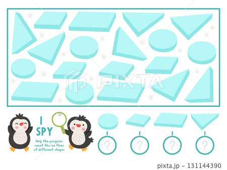 Christmas I spy game. Searching, counting, shape recognition activity with penguins and ice floes. New Year printable worksheet for preschool kids. Winter holiday spotting puzzle Christmas I spy game. Searching, counting, shape recognition activity with penguins and ice floes. New Year printable worksheet for preschool kids. Winter holiday spotting puzzle 131144390