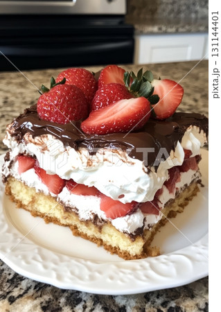 A tempting layered dessert featuring fresh strawberries, chocolate cream, and whipped cream sits elegantly on a white plate 131144401