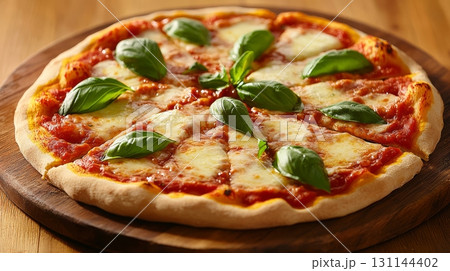 Freshly baked margherita pizza features melted cheese and vibrant basil atop a golden crust, displayed on a wooden board in a cozy kitchen 131144402