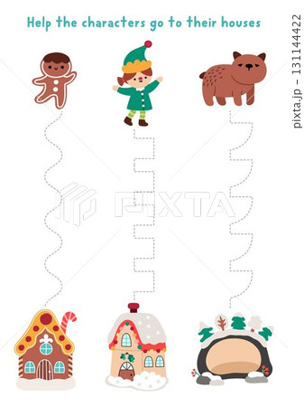 Vector Christmas handwriting practice worksheet with gingerbread man, elf and bear going to their houses. Printable activity for preschool kids with cute homes. Winter holiday tracing game 131144422