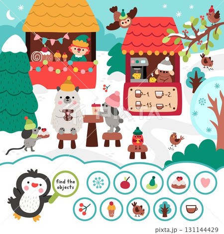 Vector searching game with Christmas village landscape. Spot hidden objects. New Year seek and find printable activity for kids. Winter holiday worksheet with fair with stalls, drinks, sweets Vector searching game with Christmas village landscape. Spot hidden objects. New Year seek and find printable activity for kids. Winter holiday worksheet with fair with stalls, drinks, sweets 131144429