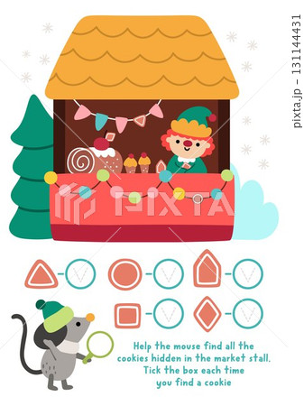 Vector searching game with Christmas fair landscape. Spot the objects. New Year seek and find printable activity for kids. Winter holiday worksheet. Help mouse find cookies hidden in market stall 131144431