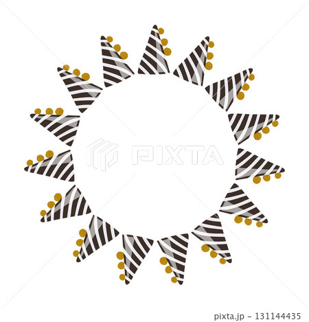 A wreath of cheerful birthday cone hats with black stripes, suitable for postcards, invitations and products for children 131144435
