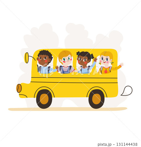 Vector illustration of a yellow school bus with funny cute school kids, for Back to School templates 131144438