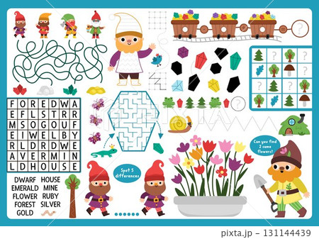 Vector dwarf village placemat. Forest gnome printable activity mat with maze, crossword puzzle, shadow match, find difference. Cute fairytale play mat, menu, kids magazine spreadsheet Vector dwarf village placemat. Forest gnome printable activity mat with maze, crossword puzzle, shadow match, find difference. Cute fairytale play mat, menu, kids magazine spreadsheet 131144439