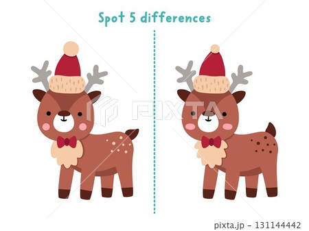 Christmas find differences game for children. Winter holiday educational activity with deer. Cute puzzle for kids with funny New Year animal. Printable worksheet, page for logic and attention Christmas find differences game for children. Winter holiday educational activity with deer. Cute puzzle for kids with funny New Year animal. Printable worksheet, page for logic and attention 131144442