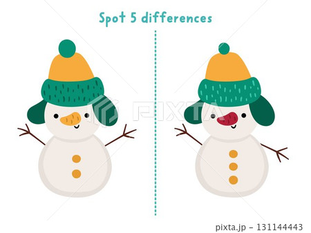 Christmas find differences game for children. Winter holiday educational activity with snowman. Cute puzzle for kids with funny New Year character. Printable worksheet, page for logic, attention Christmas find differences game for children. Winter holiday educational activity with snowman. Cute puzzle for kids with funny New Year character. Printable worksheet, page for logic, attention 131144443