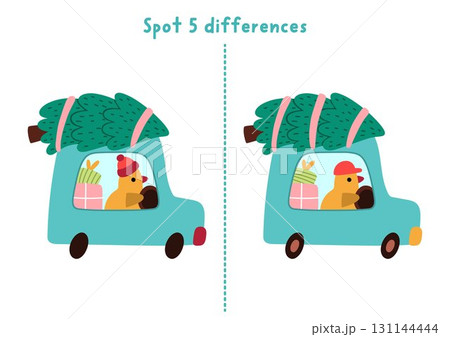 Christmas find differences game for children. Winter holiday educational activity with bird driving a car with fir tree. Cute puzzle for kids with funny New Year character. Printable worksheet, page 131144444