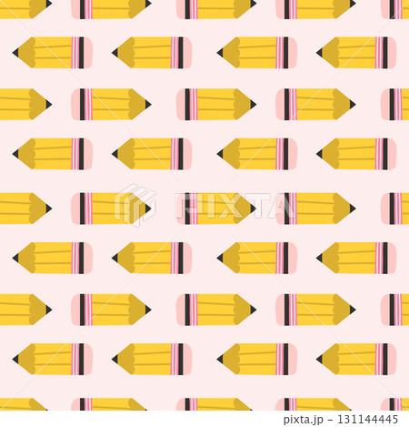 Seamless yellow pencil pattern on a light pink background. Vector illustration 131144445