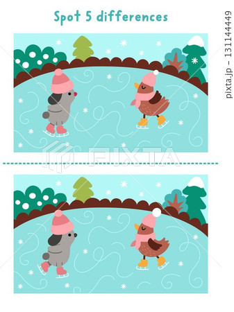 Christmas find differences game for children. Winter holiday educational activity with rabbit and bird skating on the rink. Cute puzzle for kids with New Year character. Printable worksheet, page Christmas find differences game for children. Winter holiday educational activity with rabbit and bird skating on the rink. Cute puzzle for kids with New Year character. Printable worksheet, page 131144449