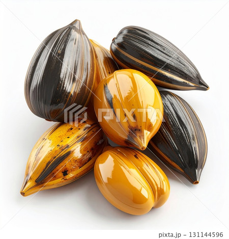 Pile of Black and Yellow Striped Sunflower Seeds on White Background 131144596