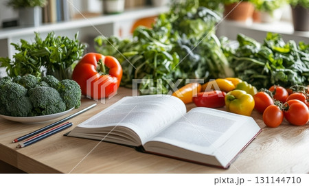 Cookbooks lay open on a light wooden table surrounded by vibrant vegetables, inviting creativity in healthy meal preparation 131144710