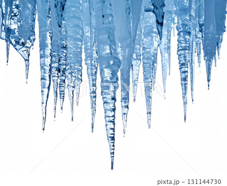 Sharp Icicles Hanging Against White Background in a Cold Winter Scene with Frozen Water Drops and Long Thin 131144730