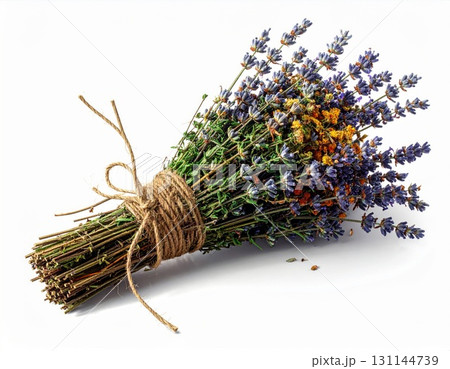 Close Up Shot of an Aromatic Lavender Bouquet Tied with Twine on a White Background with Soft Natural 131144739