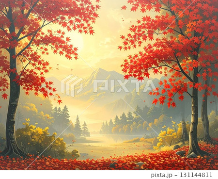 【AI生成画像】イラスト風　人里離れた深山の紅葉の風景 131144811