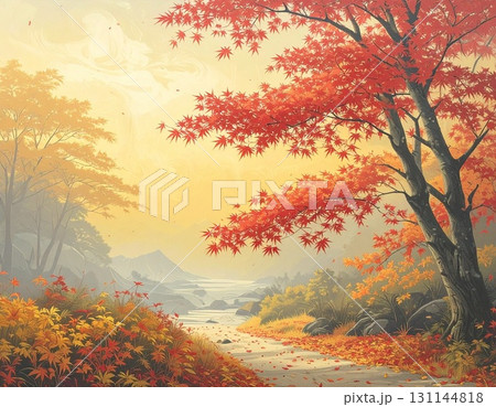 【AI生成画像】イラスト風　人里離れた深山の紅葉の風景 131144818