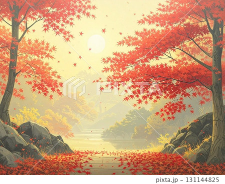 【AI生成画像】イラスト風　人里離れた深山の紅葉の風景 131144825