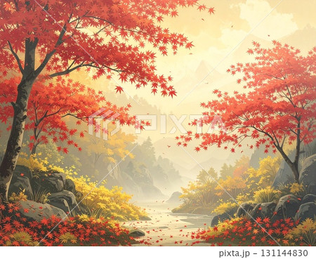 【AI生成画像】イラスト風　人里離れた深山の紅葉の風景 131144830